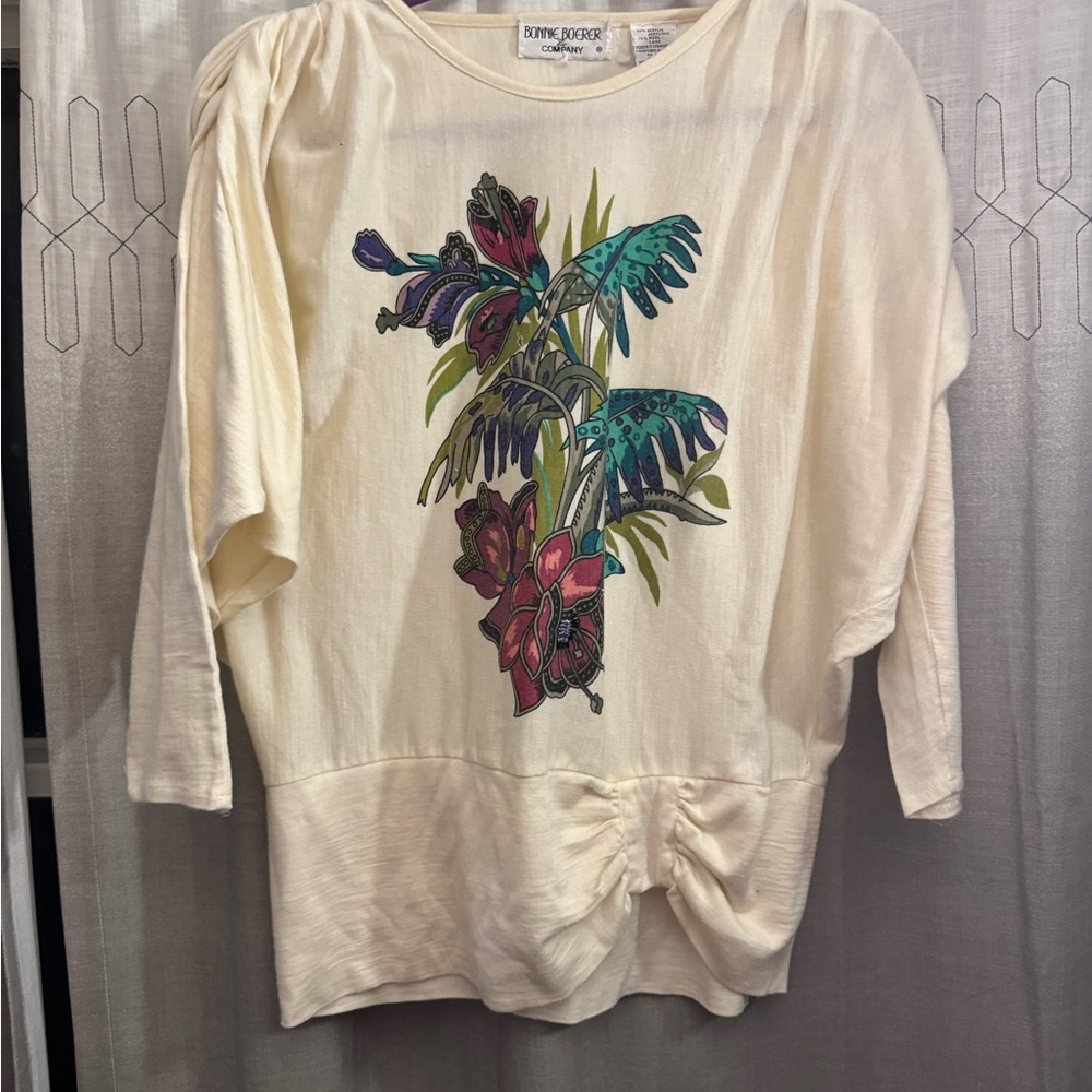 Bonnie Boerer & Company Vintage Cream Top with Tropical Floral Design